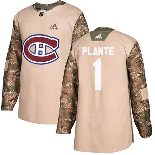 Men's Adidas Montreal Canadiens #1 Jacques Plante Camo Authentic 2017 Veterans Day Stitched NHL Jersey