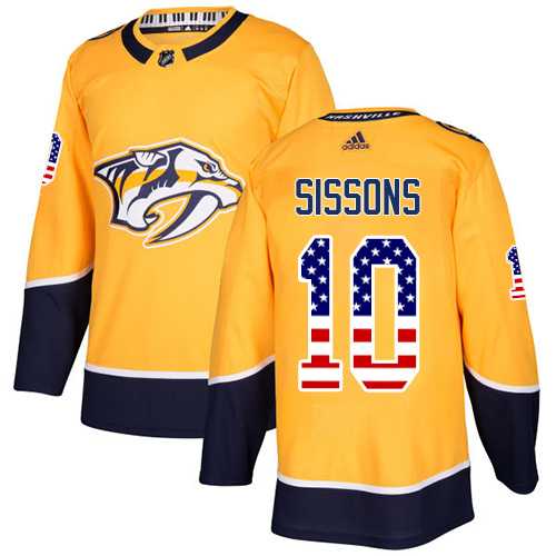 Men's Adidas Nashville Predators #10 Colton Sissons Yellow Home Authentic USA Flag Stitched NHL Jersey