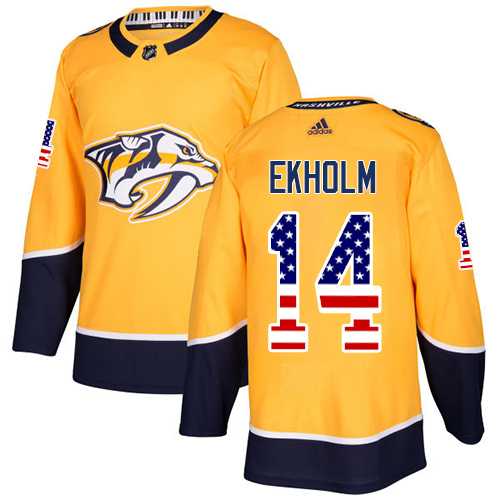 Men's Adidas Nashville Predators #14 Mattias Ekholm Yellow Home Authentic USA Flag Stitched NHL Jersey