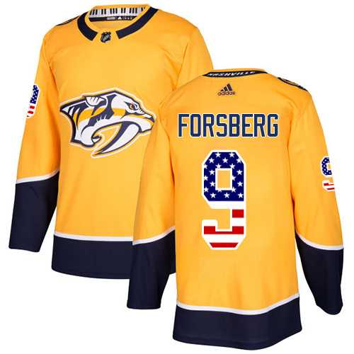 Men's Adidas Nashville Predators #9 Filip Forsberg Yellow Home Authentic USA Flag Stitched NHL Jersey