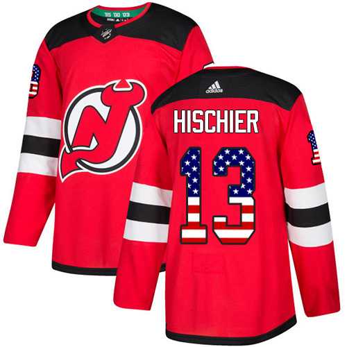 Men's Adidas New Jersey Devils #13 Nico Hischier Red Home Authentic USA Flag Stitched NHL Jersey