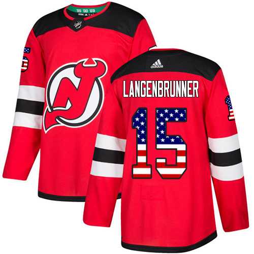 Men's Adidas New Jersey Devils #15 Langenbrunner Red Home Authentic USA Flag Stitched NHL Jersey