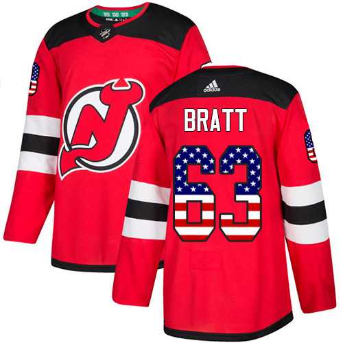 Men's Adidas New Jersey Devils #63 Jesper Bratt Red Home Authentic USA Flag Stitched NHL Jersey
