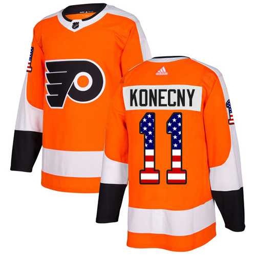Men's Adidas Philadelphia Flyers #11 Travis Konecny Orange Home Authentic USA Flag Stitched NHL Jersey