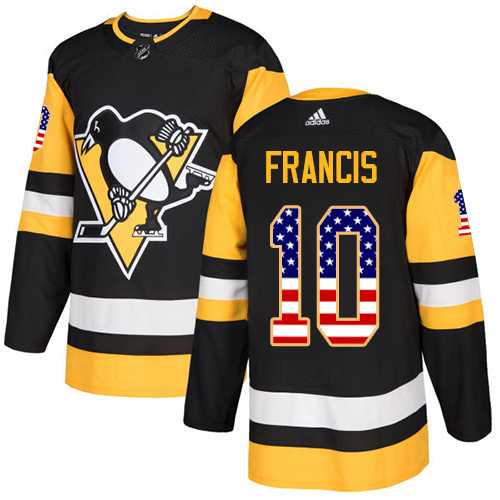 Men's Adidas Pittsburgh Penguins #10 Ron Francis Black Home Authentic USA Flag Stitched NHL Jersey