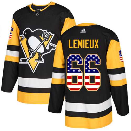 Men's Adidas Pittsburgh Penguins #66 Mario Lemieux Black Home Authentic USA Flag Stitched NHL Jersey