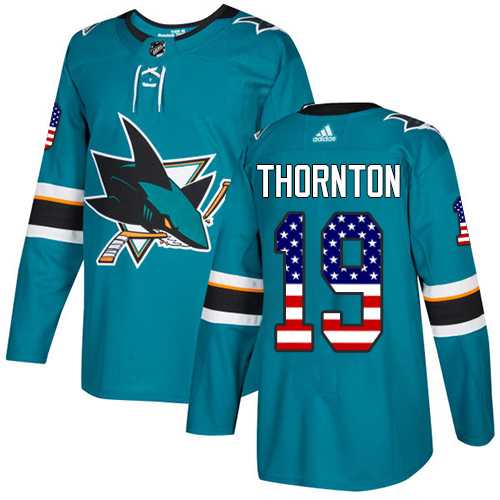 Men's Adidas San Jose Sharks #19 Joe Thornton Teal Home Authentic USA Flag Stitched NHL Jersey
