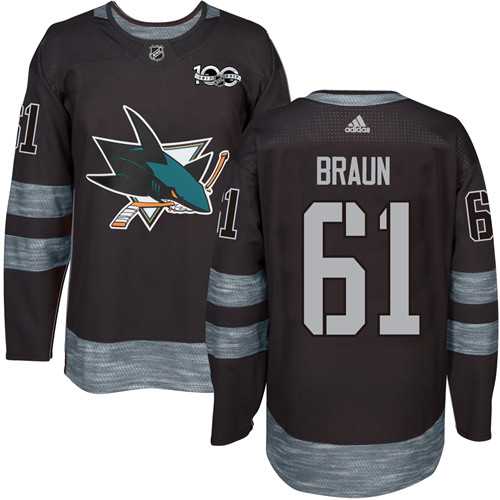 Men's Adidas San Jose Sharks #61 Justin Braun Black 1917-2017 100th Anniversary Stitched NHL Jersey