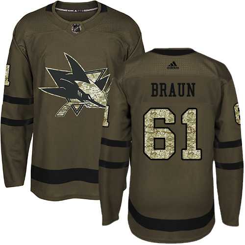 Men's Adidas San Jose Sharks #61 Justin Braun Green Salute to Service Stitched NHL Jersey