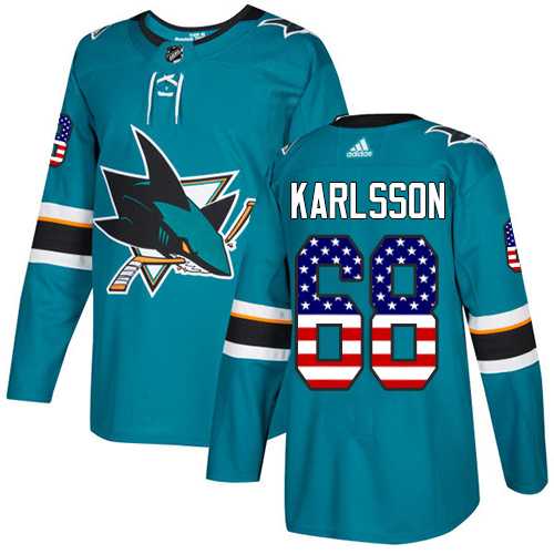 Men's Adidas San Jose Sharks #68 Melker Karlsson Teal Home Authentic USA Flag Stitched NHL Jersey