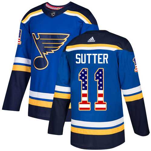 Men's Adidas St. Louis Blues #11 Brian Sutter Blue Home Authentic USA Flag Stitched NHL Jersey