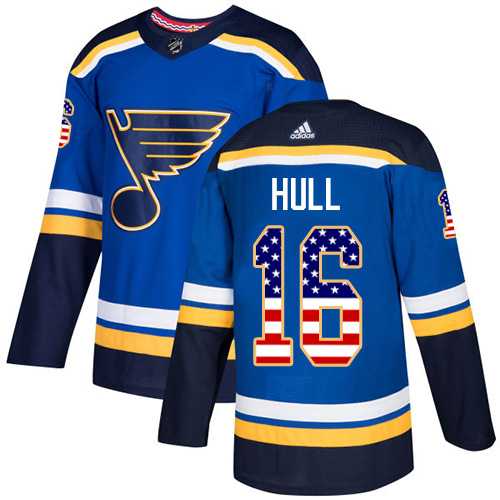 Men's Adidas St. Louis Blues #16 Brett Hull Blue Home Authentic USA Flag Stitched NHL Jersey