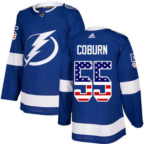 Men's Adidas Tampa Bay Lightning #55 Braydon Coburn Blue Home Authentic USA Flag Stitched NHL Jersey