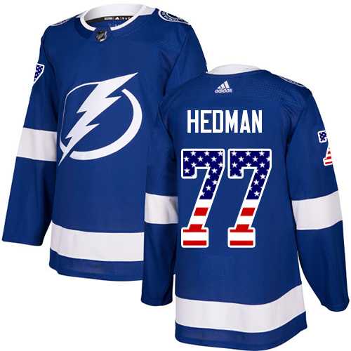 Men's Adidas Tampa Bay Lightning #77 Victor Hedman Blue Home Authentic USA Flag Stitched NHL Jersey