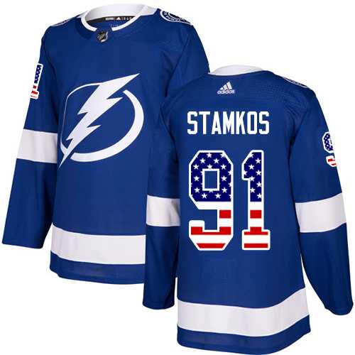 Men's Adidas Tampa Bay Lightning #91 Steven Stamkos Blue Home Authentic USA Flag Stitched NHL Jersey