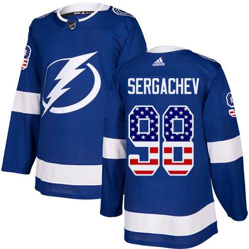 Men's Adidas Tampa Bay Lightning #98 Mikhail Sergachev Blue Home Authentic USA Flag Stitched NHL Jersey