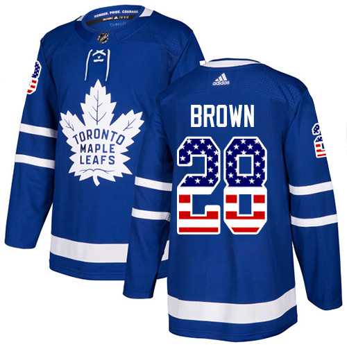 Men's Adidas Toronto Maple Leafs #28 Connor Brown Blue Home Authentic USA Flag Stitched NHL Jersey