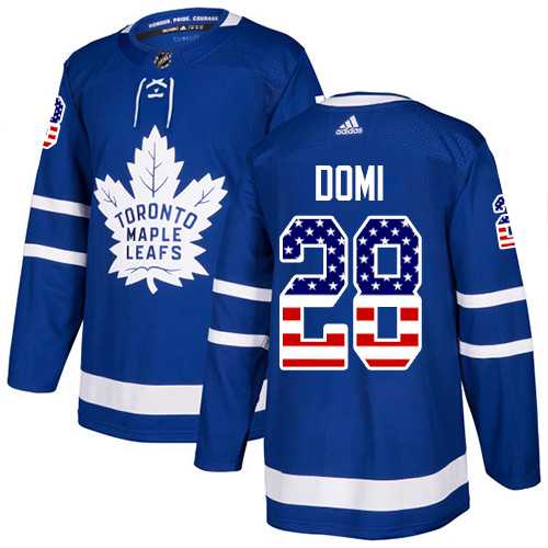 Men's Adidas Toronto Maple Leafs #28 Tie Domi Blue Home Authentic USA Flag Stitched NHL Jersey