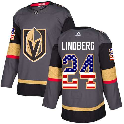 Men's Adidas Vegas Golden Knights #24 Oscar Lindberg Grey Home Authentic USA Flag Stitched NHL Jersey