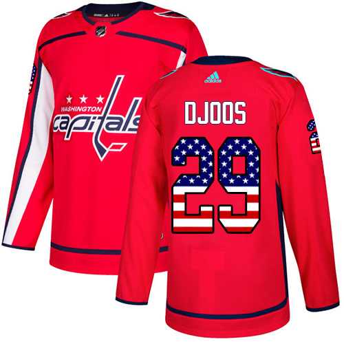 Men's Adidas Washington Capitals #29 Christian Djoos Red Home Authentic USA Flag Stitched NHL Jersey
