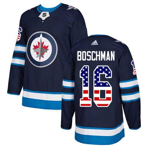 Men's Adidas Winnipeg Jets #16 Laurie Boschman Navy Blue Home Authentic USA Flag Stitched NHL Jersey