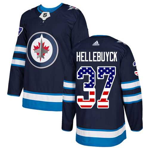 Men's Adidas Winnipeg Jets #37 Connor Hellebuyck Navy Blue Home Authentic USA Flag Stitched NHL Jersey