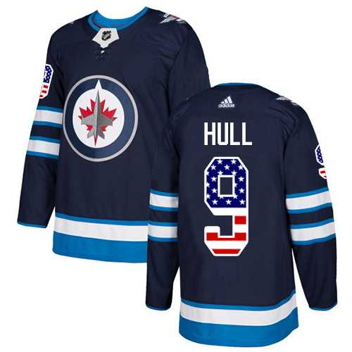 Men's Adidas Winnipeg Jets #9 Bobby Hull Navy Blue Home Authentic USA Flag Stitched NHL Jersey