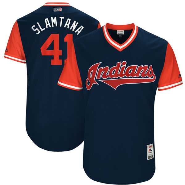 Men's Cleveland Indians #41 Carlos Santana Slamtana Majestic Navy 2017 Little League World Series Players Weekend Jersey