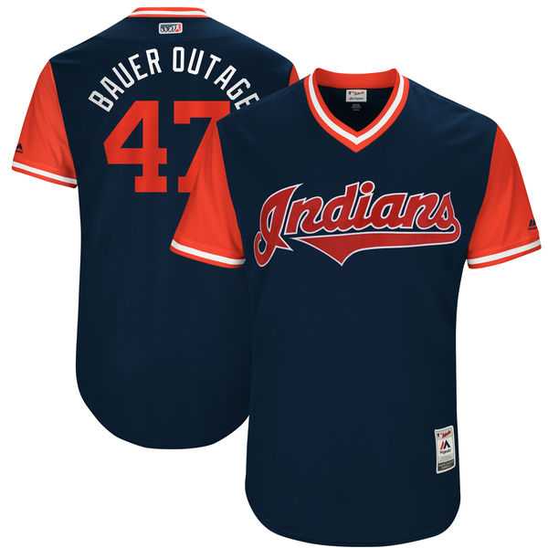 Men's Cleveland Indians #47 Trevor Bauer Bauer Outage Majestic Navy 2017 Little League World Series Players Weekend Jersey