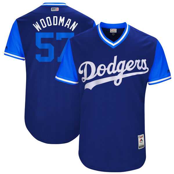 Men's Los Angeles Dodgers #57 Alex Wood Woodman Majestic Royal 2017 Little League World Series Players Weekend Jersey