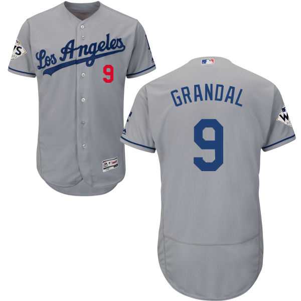 Men's Los Angeles Dodgers #9 Yasmani Grandal Grey Flexbase Authentic Collection 2017 World Series Bound Stitched MLB Jersey