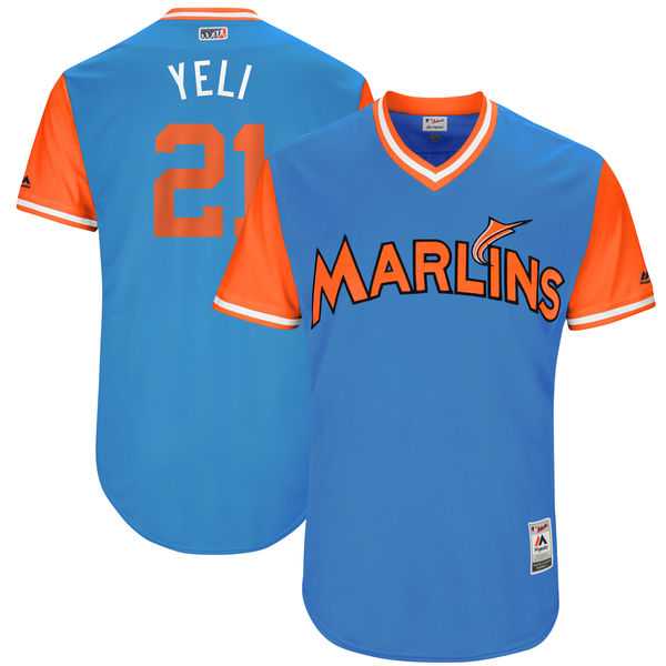 Men's Miami Marlins #21 Christian Yelich Yeli Majestic Blue 2017 Little League World Series Players Weekend Jersey Men's Miami Marlins #21 Christian Yelich Yeli Majestic Blue 2017 Little League World Series Players Weekend Jersey