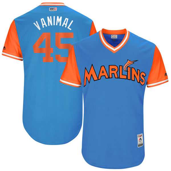 Men's Miami Marlins #45 Vance Worley Vanimal Majestic Blue 2017 Little League World Series Players Weekend Jersey