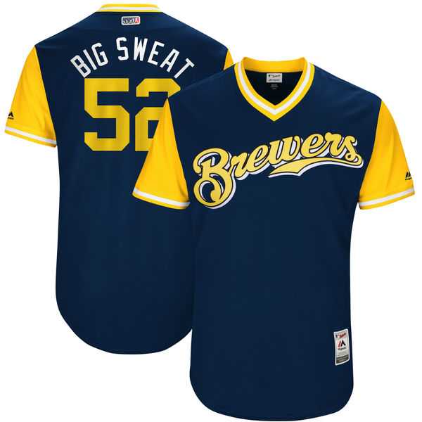 Men's Milwaukee Brewers #52 Jimmy Nelson Big Sweat Majestic Navy 2017 Little League World Series Players Weekend Jersey Men's Milwaukee Brewers #52 Jimmy Nelson Big Sweat Majestic Navy 2017 Little League World Series Players Weekend Jersey