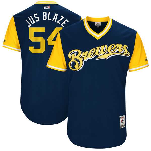 Men's Milwaukee Brewers #54 Michael Blazek Jus Blaze Majestic Navy 2017 Little League World Series Players Weekend Jersey Men's Milwaukee Brewers #54 Michael Blazek Jus Blaze Majestic Navy 2017 Little League World Series Players Weekend Jersey