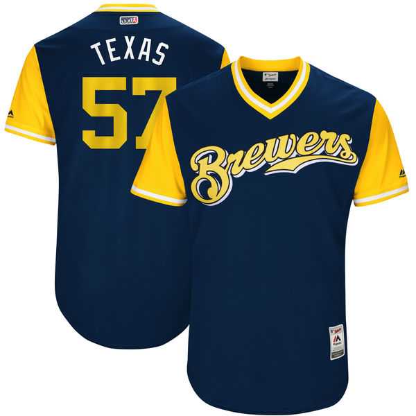 Men's Milwaukee Brewers #57 Chase Anderson Texas Majestic Navy 2017 Little League World Series Players Weekend Jersey