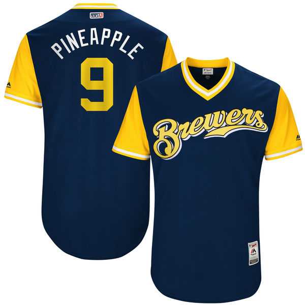Men's Milwaukee Brewers #9 Manny Pina Pineapple Majestic Navy 2017 Little League World Series Players Weekend Jersey