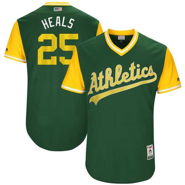 Men's Oakland Athletics #25 Ryon Healy Heals Majestic Green 2017 Little League World Series Players Weekend Jersey Men's Oakland Athletics #25 Ryon Healy Heals Majestic Green 2017 Little League World Series Players Weekend Jersey