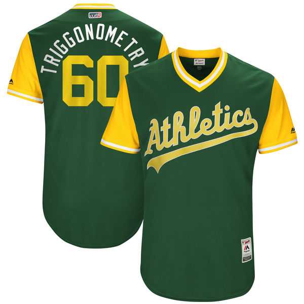 Men's Oakland Athletics #60 Andrew Triggs Triggonometry Majestic Green 2017 Little League World Series Players Weekend Jersey