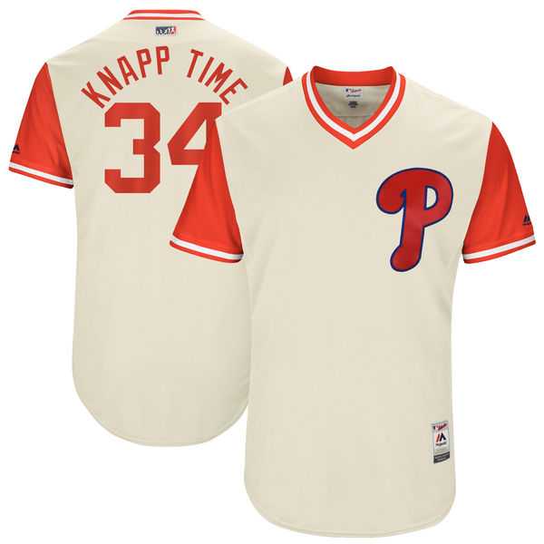 Men's Philadelphia Phillies #34 Andrew Knapp Knapp Time Majestic Tan 2017 Little League World Series Players Weekend Jersey