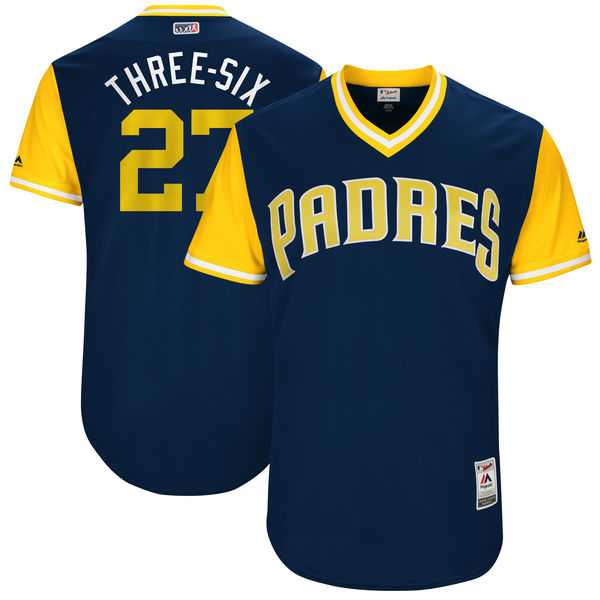 Men's San Diego Padres #27 Jered Weaver Three-Six Majestic Navy 2017 Little League World Series Players Weekend Jersey Men's San Diego Padres #27 Jered Weaver Three-Six Majestic Navy 2017 Little League World Series Players Weekend Jersey