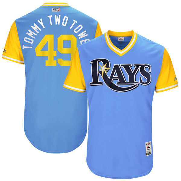 Men's Tampa Bay Rays #49 Tommy Hunter Tommy Two Towels Majestic Light Blue 2017 Little League World Series Players Weekend Jersey
