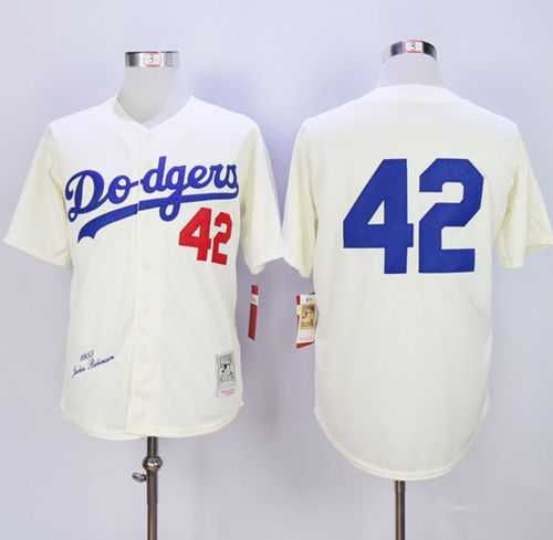 Mitchell and Ness 1955 Men's Los Angeles Dodgers #42 Jackie Robinson Cream Throwback MLB Jersey
