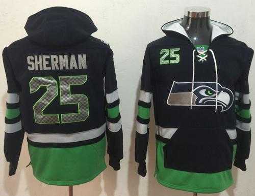 Nike Seahawks #25 Richard Sherman Navy Blue Green Name & Number Pullover NFL Hoodie