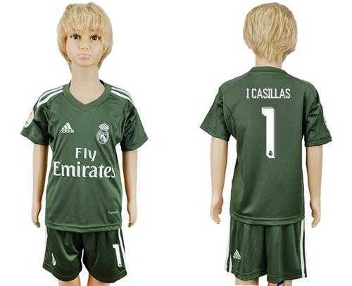 Real Madrid #1 I Casillas Green Goalkeeper Kid Soccer Club Jersey