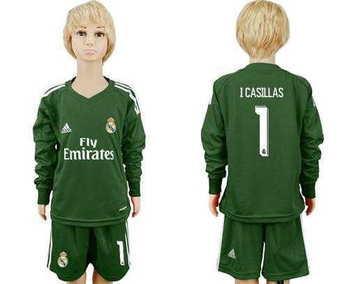 Real Madrid #1 I Casillas Green Goalkeeper Long Sleeves Kid Soccer Club Jersey