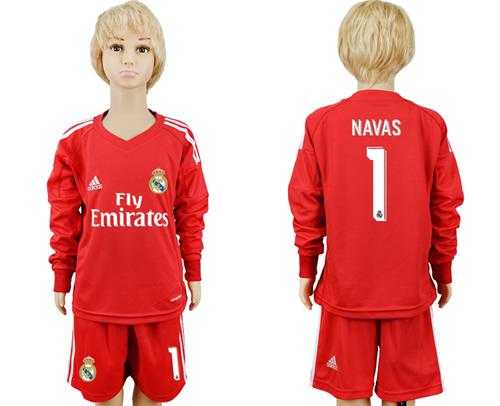 Real Madrid #1 Navas Red Goalkeeper Long Sleeves Kid Soccer Club Jersey