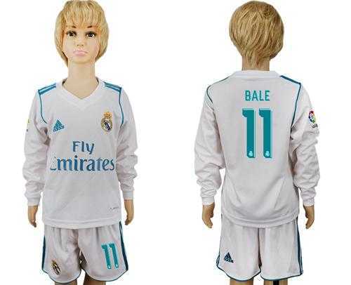 Real Madrid #11 Bale Home Long Sleeves Kid Soccer Club Jersey