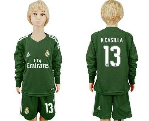 Real Madrid #13 K.Casilla Green Goalkeeper Long Sleeves Kid Soccer Club Jersey