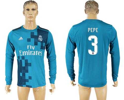 Real Madrid #3 Pepe Sec Away Long Sleeves Soccer Club Jersey
